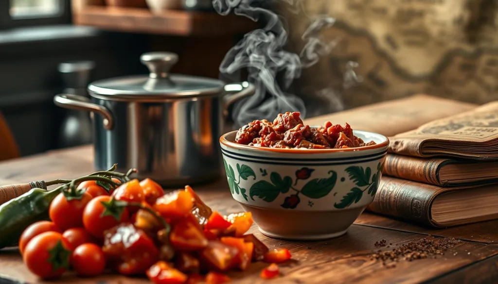 A steaming pot of chili con carne simmers on a rustic wooden table, its rich aroma filling the air. In the foreground, a selection of traditional Mexican ingredients - smoky chipotle peppers, vibrant tomatoes, and fragrant cumin - are neatly arranged, hinting at the dish's origins. The middle ground features a hand-painted ceramic bowl brimming with the spicy stew, its deep red hue and chunky texture inviting the viewer to imagine its bold, comforting flavors. In the background, a worn leather-bound book and a weathered map allude to the dish's storied history, transporting the viewer to a time and place where this beloved dish first took shape. Shot on Sony A7R IV 70mm, clearly focused, sharply defined, polarizer filter, Hyper-candid, 8K.