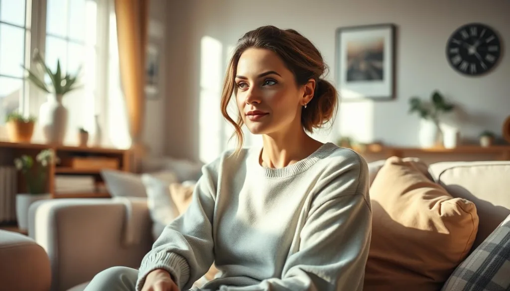 A stunning portrait of a woman in a serene domestic setting, embodying the idealized notion of "perfect motherhood" in the year 2025. She sits in a cozy, sun-drenched living room, her gaze peaceful and contemplative. Meticulously styled hair and makeup, a chic yet comfortable outfit, and an air of effortless grace project an image of maternal perfection. The background features tasteful, minimalist decor, hinting at a life of balance and control. Subtle environmental cues suggest a world where technology and self-care have been seamlessly integrated into the modern motherhood experience. The overall mood is one of aspirational, magazine-worthy domesticity, inviting the viewer to question the reality behind the myth of the "perfect mother."