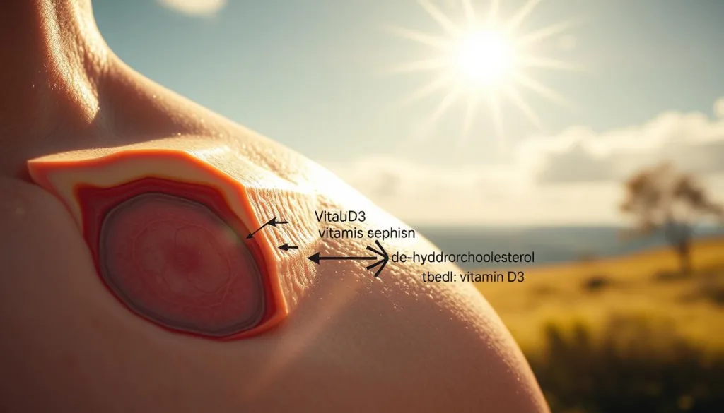 A sun-drenched anatomical cross-section of human skin, revealing the intricate process of vitamin D3 synthesis. In the foreground, a detailed illustration of the epidermis, dermis, and subcutaneous layers, with vibrant colors and crisp textures. The middle ground showcases the conversion of 7-dehydrocholesterol to previtamin D3 under the influence of UVB rays, captured in a dynamic, hyper-candid style. The background depicts a serene, sun-dappled landscape, emphasizing the natural, holistic nature of this essential vitamin production. Shot on Sony A7R IV 70mm, clearly focused, sharply defined, polarizer filter, 8K resolution, evoking a sense of scientific wonder and reverence for the human body's innate ability to harness the power of sunlight.
