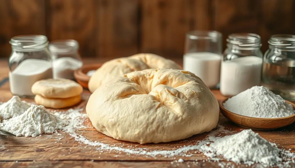 A table of essential ingredients for classic campfire bread dough, arranged on a rustic wooden surface. Soft, pillowy loaves of homemade dough take center stage, surrounded by artfully scattered piles of flour, yeast, salt, and water in clear glass jars. Warm, natural lighting casts a cozy glow, highlighting the honest, homespun textures. The simple, uncluttered composition emphasizes the core components needed to create the perfect, golden-crusted grilled bread.