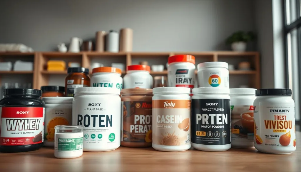 A thoughtful selection of the right protein powder for your individual needs. A well-stocked table showcases an assortment of protein powder containers in various flavors and types, including whey, casein, plant-based, and blended options. The scene is captured with a Sony A7R IV 70mm lens, using a polarizer filter for rich, vibrant colors. The lighting is natural and evenly distributed, creating a hyper-candid, sharply defined 8K image that highlights the diverse choices available to the health-conscious consumer.