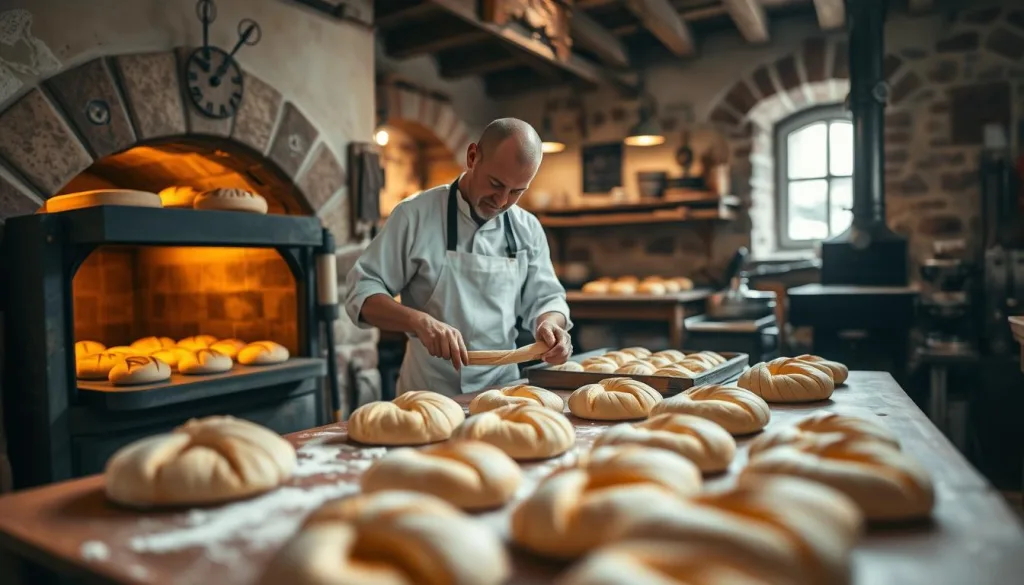 A traditional German bakery, specializing in the centuries-old craft of zwieback production. In the foreground, a skilled baker carefully shapes the dough, rolling and shaping each piece with practiced hands. The middle ground reveals the baking process, with golden-brown loaves emerging from a vintage wood-fired oven, filling the air with the comforting aroma of toasted wheat. The background showcases the historic setting, with exposed beams, stone walls, and antique baking equipment, evoking a sense of timeless tradition. Shot on a Sony A7R IV 70mm, the image is sharply defined, with a polarizer filter enhancing the rich, warm tones. The overall atmosphere is one of hyper-candid, 8K quality, capturing the artistry and heritage of this beloved German delicacy.