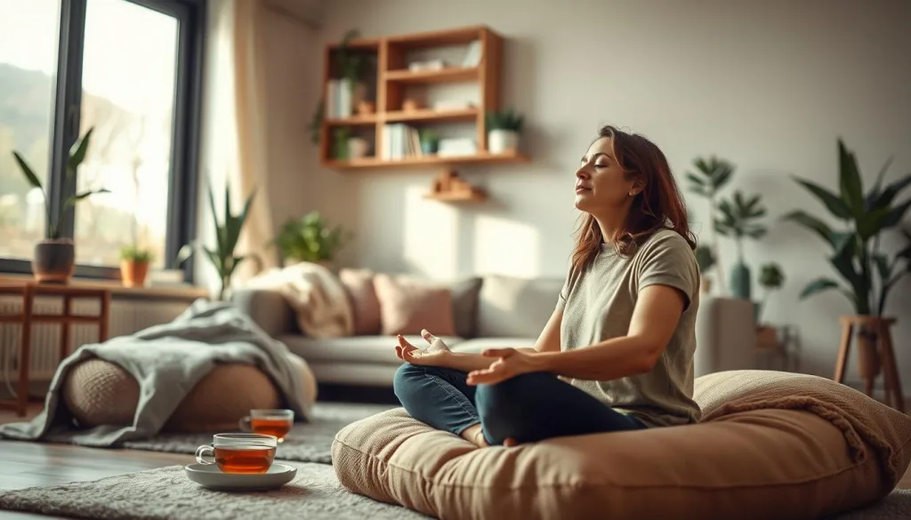 A tranquil scene of a mother relaxing in her home, surrounded by simple self-care rituals. In the foreground, a woman sits on a plush cushion, her eyes closed in meditation, a cup of herbal tea beside her. The middle ground features a cozy living room, with bookshelves, plants, and a soft throw blanket inviting comfort. In the background, a large window floods the space with natural light, hinting at the bustling world outside, yet conveying a sense of peaceful seclusion. The image exudes a mood of mindfulness, balance, and the importance of maternal self-care in the modern era.