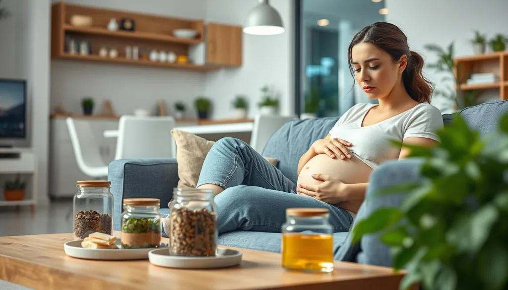 A vibrant and lifelike illustration depicting the most common pregnancy ailments anticipated for the year 2025. In the foreground, a pregnant woman resting on a couch, her expression one of mild discomfort as she gently massages her swollen ankles. In the middle ground, jars of herbal remedies and alternative therapies surround her, hinting at the natural solutions people may seek. The background showcases a modern, technology-enhanced domestic setting, suggesting the advanced medical care and monitoring available to expectant mothers in the near future. Shot on a Sony A7R IV with a 70mm lens, the image is sharply focused, with a polarizer filter lending a natural, hyper-candid aesthetic. The overall mood is one of cautious optimism, as the viewer anticipates the evolving nature of prenatal healthcare.