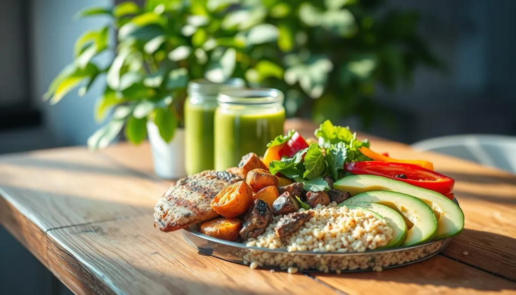 A vibrant and nutritious protein bowl sits on a rustic wooden table, bathed in warm, natural light. In the foreground, a variety of fresh ingredients are artfully arranged: succulent grilled chicken, creamy avocado slices, protein-packed quinoa, and a rainbow of colorful vegetables including roasted sweet potatoes, crunchy bell peppers, and leafy greens. The middle ground features a glass jar filled with a vibrant green smoothie, its contents swirling with nourishing superfoods. In the background, a lush, verdant indoor plant adds a touch of tranquility to the scene. The overall composition exudes a sense of balance, health, and wellness, perfectly capturing the essence of the "Grundlagen der perfekten Protein Bowl" section.