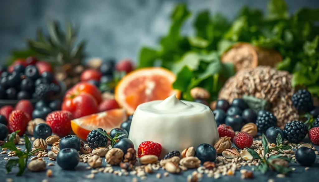 A vibrant composition showcasing magerquark, a superfood of the modern era, surrounded by an array of fresh, wholesome ingredients. The camera captures the scene with a crisp, polarized lens, highlighting the textures and colors in vivid detail. In the foreground, a smooth, creamy magerquark stands as the centerpiece, complemented by a scattering of berries, nuts, and aromatic herbs. The middle ground features delicate slices of fruit, while the background is filled with a variety of superfoods, such as chia seeds, quinoa, and leafy greens. The lighting is soft and even, creating a hyper-candid, natural atmosphere that invites the viewer to appreciate the nutritional power and culinary versatility of this modern superfood.