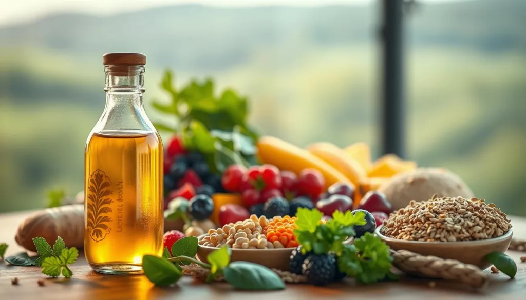 A vibrant, detailed illustration showcasing the nutritional richness and quality of breastmilk during the postpartum period. In the foreground, an elegant glass bottle filled with a luminous, golden liquid, representing the essence of maternal nourishment. The middle ground depicts various wholesome foods - leafy greens, vibrant berries, and hearty grains - symbolizing the importance of a nourishing diet for lactating mothers. In the background, a soft, blurred landscape evokes a serene, calming atmosphere, emphasizing the tranquility and nourishment inherent in the breastfeeding journey. Captured with a Sony A7R IV 70mm lens, the image is sharply defined, with a touch of warmth from the polarizer filter, creating a hyper-candid, 8K-quality visual that beautifully conveys the essence of "Nährstoffe Stillzeit Muttermilchqualität".