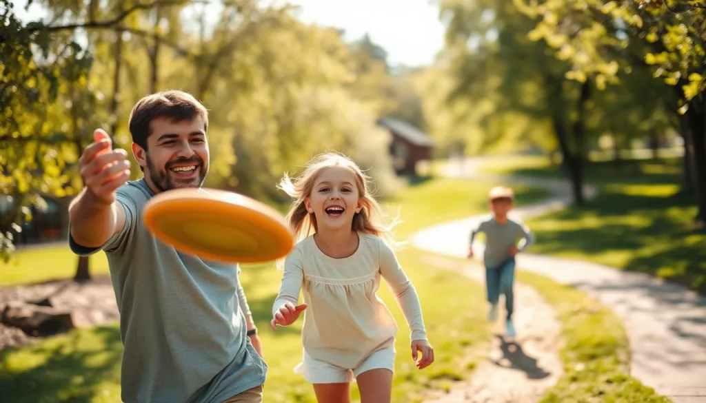 A vibrant family engaging in a range of healthy outdoor activities, captured in crisp, vivid detail. In the foreground, a father and young daughter joyfully tossing a frisbee, their expressions brimming with laughter. In the middle ground, a mother and son playfully chasing each other, their movements frozen in time. The background showcases a sun-dappled park setting, with lush greenery and a winding path inviting further exploration. Polarized lighting casts a warm, natural glow, highlighting the genuine connection and well-being this family shares. An image that embodies the foundational elements of a healthy, active family lifestyle.