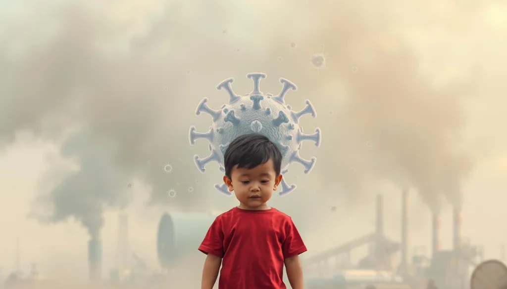 A vibrant illustration depicting the current environmental challenges impacting children's immune systems. In the foreground, a young child stands amidst a swirl of polluted air, represented by a hazy, smog-like atmosphere. Subtle cues of airborne particulates and contaminants linger in the air. In the middle ground, a symbolic representation of the immune system, with its intricately interconnected cells and pathways, appears slightly overwhelmed by the environmental stressors. The background showcases a blurred, industrialized landscape, hinting at the broader contextual factors contributing to this complex issue. Captured with a sharp, cinematic lens, the image conveys a sense of urgency and the need to address the pressing concerns surrounding children's health and immunity in the years ahead.
