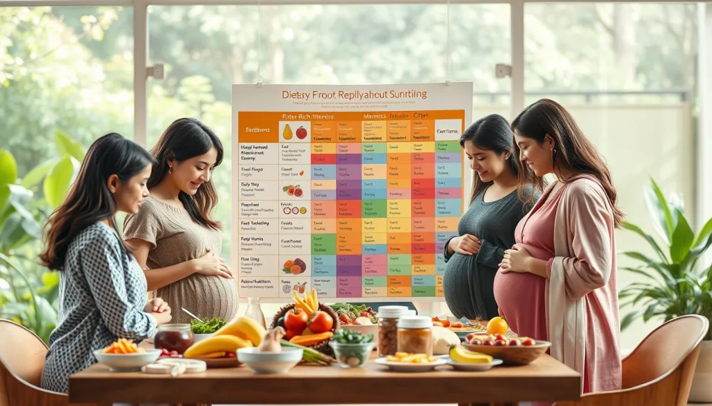 A vibrant, modern illustration of the latest dietary recommendations for pregnant women in 2025. In the foreground, a diverse group of expectant mothers gathered around a table, examining nutritious foods and nutrient-rich supplements. The middle ground showcases a large, colorful chart detailing the optimal intake of key vitamins, minerals, and macronutrients. In the background, a warm, natural-lit setting with lush greenery and a serene, calming atmosphere. Hyper-candid, sharply defined, and polarized to enhance the sense of clarity and wellness.