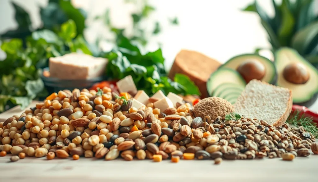 A vibrant still life featuring an assortment of high-protein vegan ingredients. In the foreground, an array of legumes, nuts, and seeds - lentils, chickpeas, almonds, and sunflower seeds - arranged in a visually striking composition. In the middle ground, slices of tofu, tempeh, and seitan, showcasing their meaty textures. The background is filled with leafy greens, avocado slices, and other plant-based whole foods, creating a harmonious and nutritious tableau. Lit by soft, natural light with a polarizing effect, the image conveys a sense of health, vitality, and the bountiful goodness of a plant-based diet.