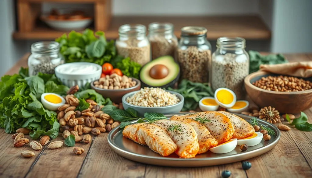 A vibrant still life showcasing an assortment of protein-rich foods on a rustic wooden table. In the foreground, a platter features grilled chicken breast, salmon fillets, and hard-boiled eggs. Surrounding it are piles of raw nuts, Greek yogurt, and a variety of fresh leafy greens. In the middle ground, jars of chia seeds, quinoa, and lentils sit alongside a cutting board with sliced avocado. The background is softly blurred, allowing the vibrant colors and textures of the healthy ingredients to take center stage. Captured with a Sony A7R IV at 70mm, this image is sharply defined with a polarizer filter, creating a hyper-candid, appetizing atmosphere in 8K resolution.