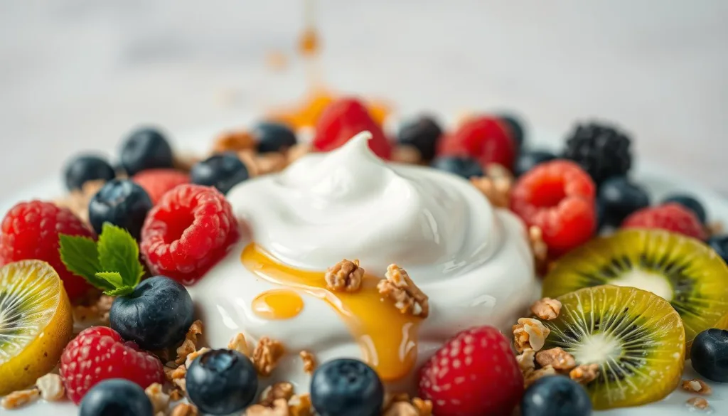 A visually striking close-up image of an assortment of nutritious ingredients found in yogurt. The foreground features a dollop of creamy white yogurt, surrounded by vivid splashes of fresh fruit like blueberries, raspberries, and sliced kiwi. The middle ground showcases a sprinkling of crunchy granola, nuts, and a drizzle of honey, highlighting the textural diversity. In the background, a seamless backdrop of soft, muted tones provides a clean, sophisticated setting, allowing the vibrant food elements to take center stage. The lighting is natural and evenly distributed, capturing the luscious sheen of the yogurt and the vivid colors of the produce. The overall composition is visually balanced and aesthetically pleasing, inviting the viewer to appreciate the nutritional richness and appetizing appeal of this wholesome dairy-based treat.