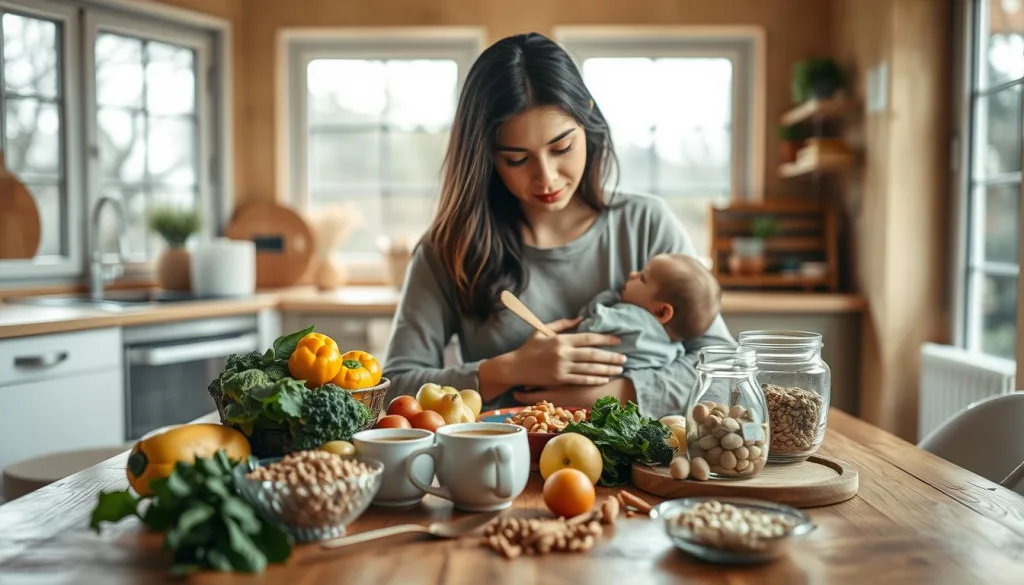 A warm, cozy kitchen in the year 2025, flooded with natural light from large windows. In the center, a wooden table is set with a variety of healthy, nutritious foods - fresh fruits, vegetables, whole grains, and a steaming mug of herbal tea. A young mother sits at the table, cradling her infant while thoughtfully considering her dietary needs during breastfeeding. The scene exudes a sense of serenity and balance, capturing the essential nourishment required to sustain both mother and child in the modern era of conscious, sustainable living. Shot on Sony A7R IV 70mm, clearly focused, sharply defined, polarizer filter, Hyper-candid, 8K.