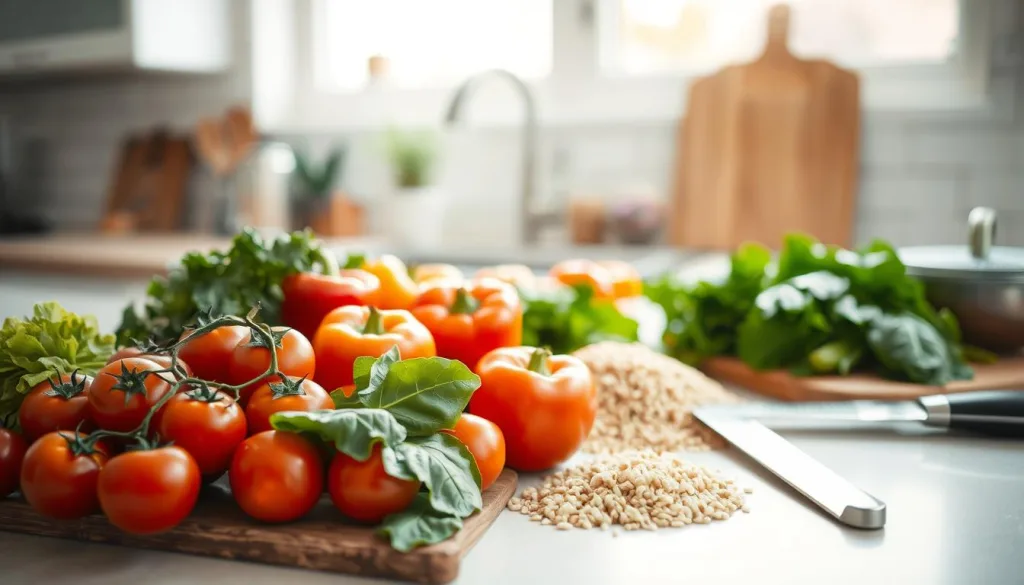 A well-lit kitchen counter showcasing a variety of fresh, wholesome ingredients for a healthy evening meal. Ripe tomatoes, crisp leafy greens, vibrant bell peppers, and a selection of whole grains like quinoa and brown rice. Wooden cutting boards, a high-quality chef's knife, and a few essential cookware pieces create an inviting, organized workspace. Soft, natural lighting illuminates the scene, with a polarizing filter adding depth and clarity. The overall mood is one of simplicity, mindfulness, and a celebration of real, nourishing food.