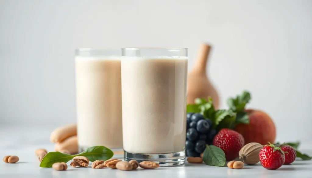 A well-lit, scientifically accurate illustration of the fundamental principles behind protein shakes. A clear glass container filled with a creamy, protein-rich liquid, surrounded by various whole food ingredients like fruits, nuts, and leafy greens. A clean, minimal background showcases the natural, unprocessed components that make up a nutritious, weight-loss-supporting protein shake. Subtle depth of field highlights the textural details. Crisp, hyper-realistic rendering captures the high-quality, natural essence of the ingredients. Polarized lighting and a calm, balanced composition convey the scientific, evidence-based approach to healthy weight management.