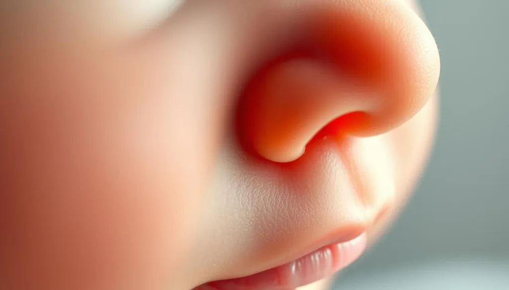 Anatomical cross-section of an infant's nose, showcasing the delicate intricate structure and physiological processes. Crisp, detailed rendering in muted tones highlights the diminutive scale and vulnerability of the newborn nasal passages. Polarized lighting accentuates the fine tissue layers, blood vessels, and mucous membranes that line the nasal cavity. A hyper-candid, technical view invites deeper understanding of why infants are so susceptible to nasal congestion and breathing difficulties. Captured with a Sony A7R IV 70mm lens at 8K resolution for maximum clarity.