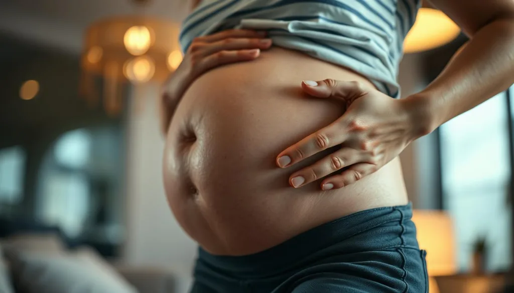 Detailed close-up of a pregnant woman's belly showcasing the typical symptoms of morning sickness during early pregnancy. The middle ground features a woman's torso, with her hand gently resting on her abdomen. The background is blurred, allowing the focus to remain on the central subject. Soft, warm lighting illuminates the scene, creating a serene and intimate atmosphere. The image is captured with a Sony A7R IV 70mm lens, using a polarizer filter to enhance the natural colors and textures. The camera angle is slightly angled, giving a hyper-candid, documentary-style feel to the shot, which is sharply defined and in clear focus at 8K resolution.
