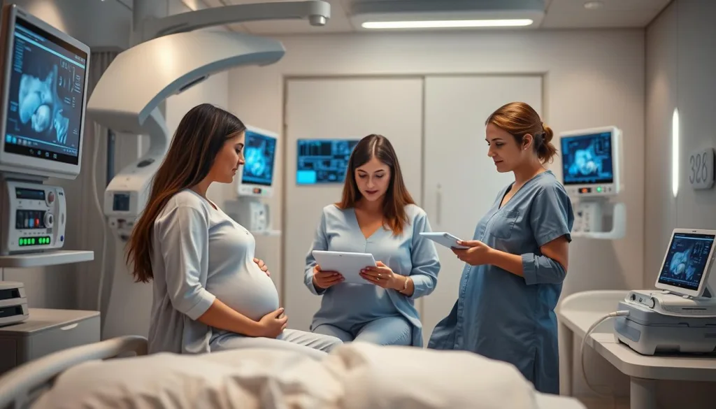 Detailed, technologically-advanced birthing suite with state-of-the-art digital equipment. Expectant parents engaged with interactive displays, monitoring maternal and fetal vitals. Sleek, modern furniture and lighting create a calm, reassuring atmosphere. Midwife consults with couple, discussing personalized birthing plan on tablet device. High resolution, hyper-realistic scene captured with Sony camera, sharp focus and vivid colors conveying the importance of comprehensive, digitally-enabled prenatal care in the year 2025.