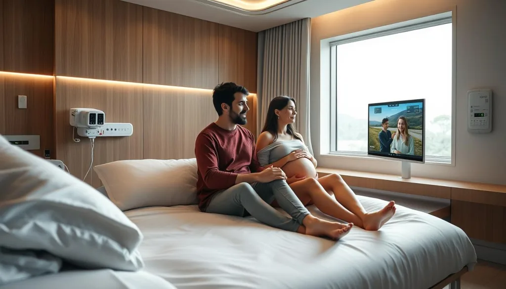 Futuristic prenatal care suite in a modern hospital, 2025. A couple sits on a plush, ergonomic birthing couch, surrounded by a calming, wellness-inspired environment. Soft, indirect lighting, natural wood accents, and a large window with a scenic view create a serene, relaxing atmosphere. Medical monitoring equipment is seamlessly integrated, providing discreet, non-invasive tracking of the mother and baby's vitals. The couple practices breathing exercises, supported by an AI-powered virtual coach projected on a curved, high-definition display. Sleek, touch-sensitive control panels allow the parents to customize the setting to their preferences. Shot on Sony A7R IV 70mm, clearly focused, sharply defined, polarizer filter, Hyper-candid, 8K.