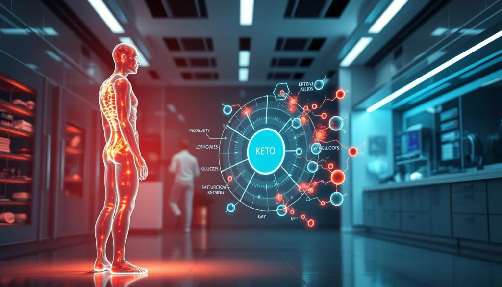 Hyper-candid scene showcasing the intricate metabolic processes of a ketogenic diet in 2025. A glowing transparent human silhouette stands in the foreground, illuminating a central diagram of the body's fat-burning pathways. In the middle ground, 3D renderings of ketone bodies, fatty acids, and glucose molecules swirl in a vibrant dance, demonstrating the dynamic interplay of macronutrients. The background features a sleek, futuristic laboratory setting with gleaming medical equipment and holographic data visualizations, hinting at the advanced scientific understanding of keto metabolism. Crisp lighting, sharp focus, and a polarizer filter create a striking, high-tech aesthetic.