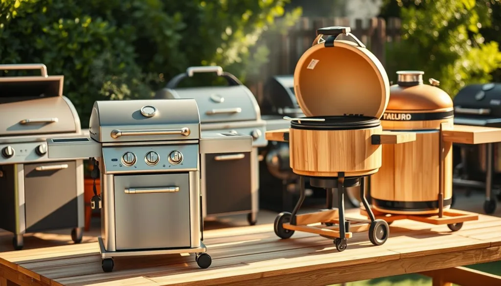 Moderne Grillgeräte für gesundes Grillen: Eine Reihe hochwertiger Gasgrills und Holzkohlegrills in natürlichen Farben, elegant arrangiert auf einem hellen Holztisch. Im Vordergrund ein moderner Gasgrill mit Edelstahlgehäuse, kompakter Bauweise und digitaler Steuerung. Dahinter ein großer Holzkohlegrill mit Deckel und seitlichen Ablagen, perfekt für langsames Garen. Im Hintergrund weitere Grillgeräte wie Tischgrills und tragbare Modelle. Diffuses, weiches Sonnenlicht erhellt die Szenerie, erzeugt natürliche Schatten und Highlights. Die Geräte wirken hochwertig, langlebig und perfekt für ein gesundes, genussvolles Grillvergnügen.