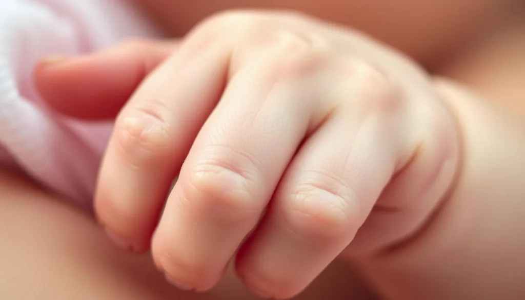 Shot on Sony A7R IV 70mm, a close-up portrait of the delicate, translucent skin of a newborn baby's hand. Soft, diffused lighting from a polarizer filter creates a glowing, hyper-candid effect, capturing the intricate textures and gentle folds of the tender, sensitive skin. The image is clearly focused and sharply defined, drawing the viewer's attention to the unique properties of a baby's complexion - supple, fragile, and requiring specialized care. The mood is serene and intimate, inviting the viewer to appreciate the subtle beauty and special needs of a newborn's complexion.