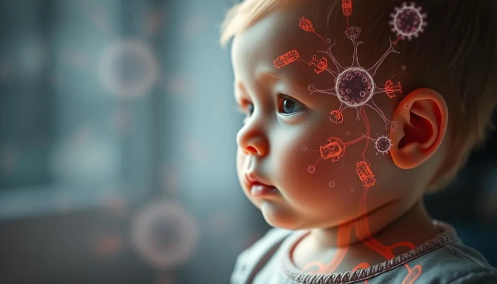 Shot on Sony A7R IV 70mm, clearly focused, sharply defined image of the intricate development and progression of a child's immune system. Polarizer filter emphasizes the dynamic interplay of cells, tissues, and organs that work in harmony to protect the young body. Hyper-candid perspective showcases the incredible resilience and adaptability of the maturing immune defenses, with 8K resolution capturing every intricate detail. The resulting image conveys the awe-inspiring complexity and importance of a child's immune system, visually embodying the theme of "Das kindliche Immunsystem verstehen".