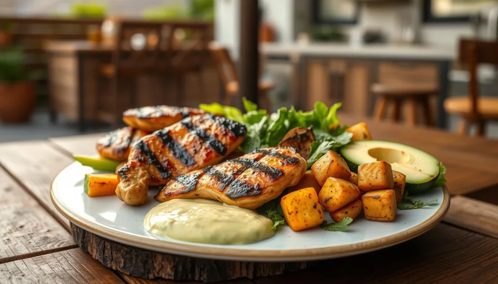 Shot on Sony A7R IV 70mm, clearly focused, sharply defined, polarizer filter, Hyper-candid, 8K. A beautifully styled and plated low carb grill selection, including juicy grilled chicken, fresh vegetables, and a side of creamy avocado dip. The food is arranged artfully on a rustic wooden surface, with a backdrop of a modern outdoor kitchen or patio. Warm, natural lighting highlights the vibrant colors and textures of the healthy, keto-friendly dishes. The scene conveys a sense of alfresco dining, healthy living, and the joy of low-carb grilling.