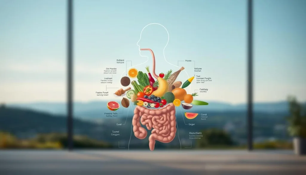 Shot on Sony A7R IV 70mm, clearly focused, sharply defined, polarizer filter, Hyper-candid, 8K. A beautifully crafted illustration showcasing the concept of histamine intolerance. In the foreground, a detailed diagram of the human digestive system, highlighting the key components involved in histamine metabolism. In the middle ground, a vibrant array of common histamine-rich foods, artfully arranged to convey the dietary challenges faced by those with this condition. The background features a serene, minimalist landscape, evoking a sense of balance and well-being, suggesting the potential for effective management of histamine intolerance. The overall composition is both informative and visually striking, perfectly encapsulating the essence of "Histaminintoleranz: Eine Einführung".