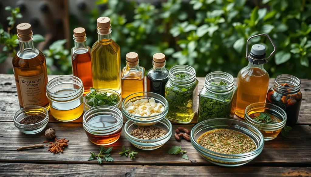 Shot on Sony A7R IV 70mm, clearly focused, sharply defined, polarizer filter, Hyper-candid, 8K. An overhead view of an assortment of low-carb marinades for grilling. Olive oil, vinegar, herbs, and spices are arranged in various glass bowls and jars on a rustic wooden table, with a backdrop of lush greenery and natural light filtering through. The marinades have a vibrant, appetizing appearance, and the composition showcases their versatility for enhancing the flavor of grilled meats, fish, or vegetables. The image conveys a sense of freshness, health, and the joy of outdoor cooking.