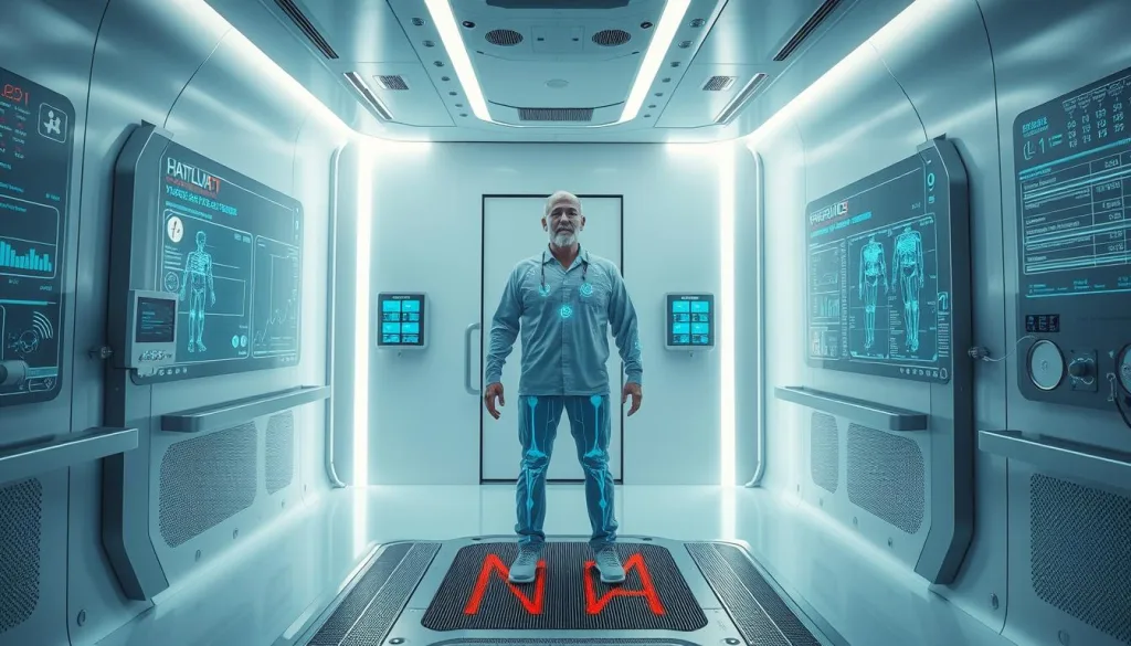 Sleek and modern full-body analysis station in a minimalist medical clinic, 2025 style. Metallic surfaces, backlit displays, holographic interfaces. Middle-aged man standing on a platform, being scanned by various sensors. Bright, clean lighting from above, cool color palette. High-tech, futuristic vibe. Crisp details, precise measurements, comprehensive health data. Conveying a sense of advanced, personalized healthcare.