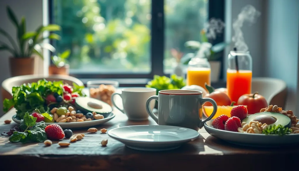 Vibrant and nutrient-dense fitness breakfast scene. In the foreground, a variety of superfoods and energy-boosting ingredients are artfully arranged on a rustic wooden table, including crisp greens, juicy berries, creamy avocado, crunchy nuts, and a glass of freshly squeezed juice. The middle ground features a sleek, minimalist tableware set, with a stylish ceramic mug filled with a steaming hot beverage. In the background, a sun-dappled window reveals a lush, verdant outdoor scene, creating a sense of freshness and vitality. The overall mood is one of health, vigor, and natural vitality, perfectly capturing the essence of an optimal energy-boosting fitness breakfast. Shot on Sony A7R IV 70mm, clearly focused, sharply defined, polarizer filter, Hyper-candid, 8K.