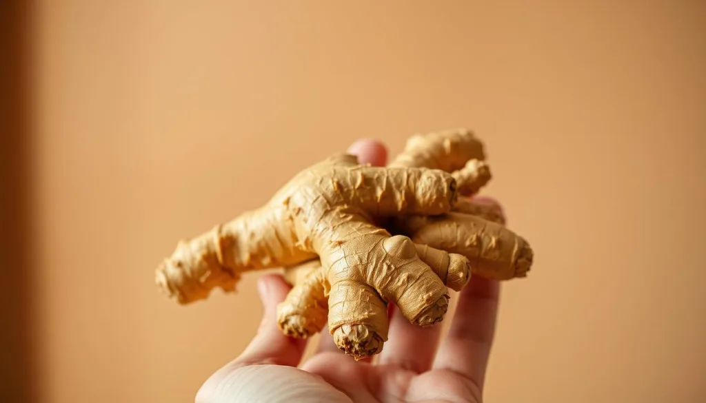 Vibrant ginger root prominently displayed against a warm, neutral background. A hand gently holds the ginger, showcasing its knobby texture and organic form. Soft, natural lighting accentuates the rich, earthy tones, creating a soothing, calming atmosphere. Macro lens captures intricate details of the ginger's surface, conveying its potential as a natural remedy for pregnancy-related nausea. Thoughtfully composed to highlight the ginger's medicinal properties, inviting the viewer to consider its benefits for expectant mothers. Hyper-candid, polarized shots on a Sony A7R IV at 70mm, delivering a crisp, high-resolution image.