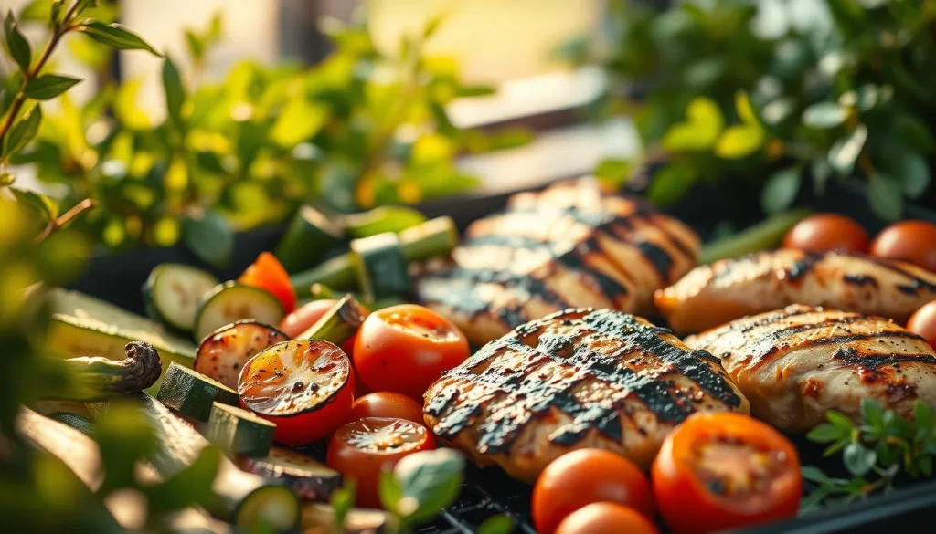 Vibrant grilled vegetables and lean protein, nestled in a harmonious composition. Crisp zucchini, juicy tomatoes, and succulent chicken breasts, all expertly grilled to perfection. Earthy, mouthwatering aromas waft through the air, inviting a health-conscious indulgence. Lush greenery frames the scene, conveying a sense of balance and mindfulness. Warm, golden lighting casts a welcoming glow, highlighting the clean, flavorful fare. This visually striking image celebrates the joys of conscious, nutritious grilling, inspiring a mindful approach to al fresco dining.