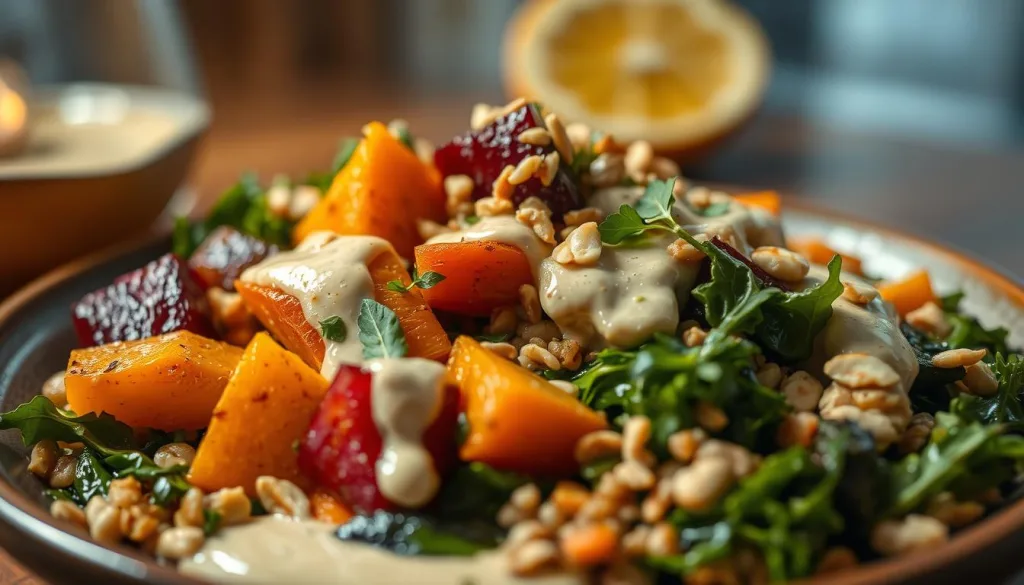 Warm, healthy evening meal in 2025: A vibrant vegetable-forward dish, simmering with aromatic herbs and spices. Tender roasted root vegetables, like golden beets and carrots, nestled among sautéed leafy greens and grains. Drizzled with a creamy, nutty tahini-lemon dressing. Garnished with fresh herbs and a sprinkle of toasted nuts for texture. Soft, diffused lighting illuminates the scene, inviting the viewer to savor the nourishing, comforting flavors. Shot on Sony A7R IV 70mm, clearly focused, sharply defined, polarizer filter, Hyper-candid, 8K.